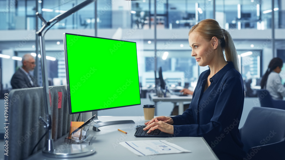 Fototapete diverse modern office: confident businesswoman using desktop computer with green screen mock up disp