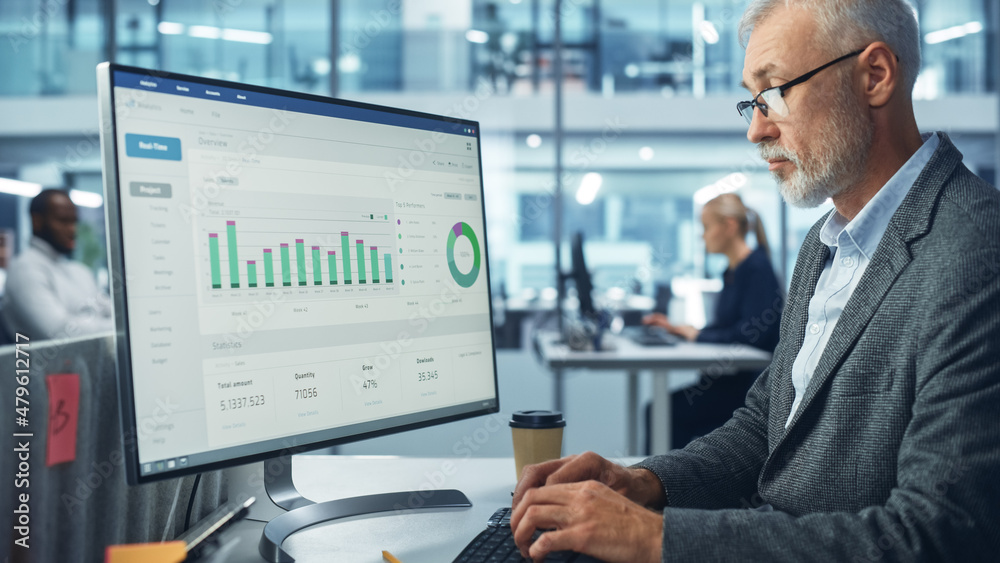Poster Corporate Office: Senior IT Specialist Using Desktop Computer with Big Data Statistics, Graphs. Smiling Creative Software Engineer Work on eCommerce Project Marketing, Development.