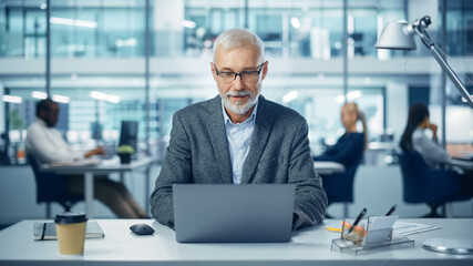 Fototapeta na wymiar Modern Office: Portrait of Successful Middle Aged Bearded Businessman Working on a Laptop at his Desk. Smiling Corporate Worker. Multi-Ethnic Workplace with Happy Professionals. Front View Shot