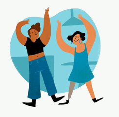 Two women dancing at party