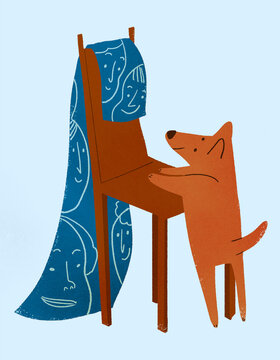 Dog standing on chaie with face patterned cloth