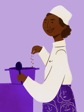Chef with face patterned dolman cooking
