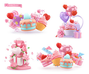 Happy Valentines day decoration. Cake, cupcake, gift box, balloon, heart, flower. 3d render set vector objects