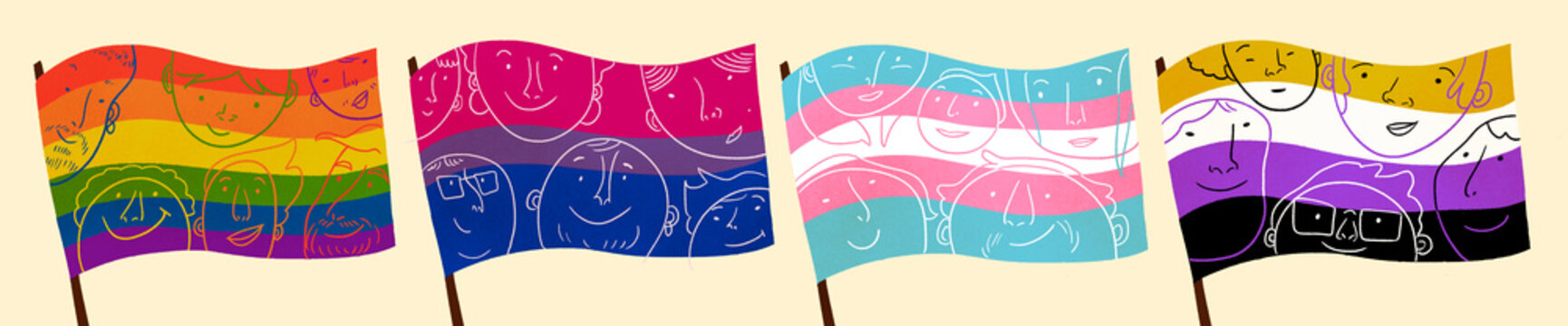 Set of LGBTQIA+ face patterned flags