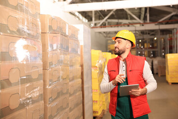 Man with tablet working at warehouse. Logistics center