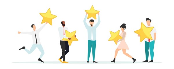Customer feedback, testimonial, online survey concept. Group of people rating customer experience, writing review, leaving feedback. Client, user satisfaction. Isolated flat vector illustration