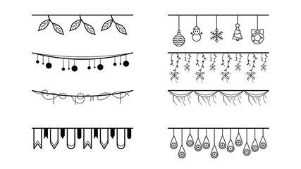 Set Black Simple Line Garlands Flags Collection Doodle Elements Vector Design Style Sketch Isolated Illustration For Banner, Birthday, Celebration, Decoration