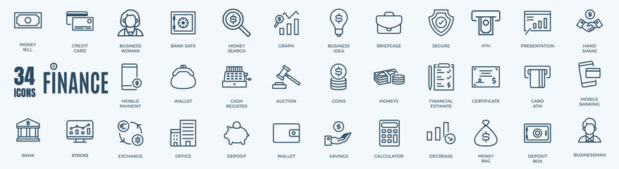 Money, finance, wallet, deposit, piggy, calculator, web and more minimal thin line web icon set. Outline icons collection. Simple vector illustration.
