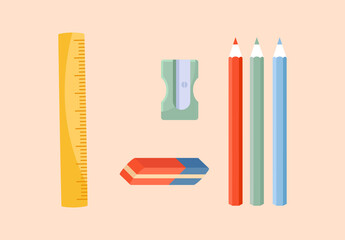 Stationery for study or work concept. Colorful poster with set of pencils, ruler, sharpener and eraser. Design elements for school, university or office work. Cartoon flat vector illustration