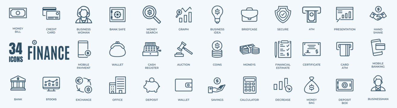 Money, finance, wallet, deposit, piggy, calculator, web and more minimal thin line web icon set. Outline icons collection. Simple vector illustration.