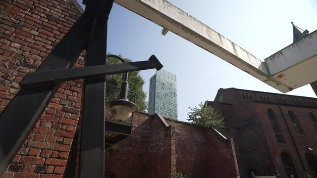 301 Deansgate from historic red brick buildings in Castlefield, Manchester, Lancashire