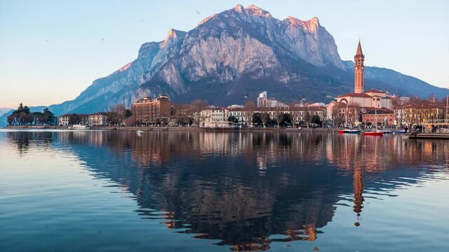 Panoramic motion view of Lecco city lakefront italian landscape 4k footage