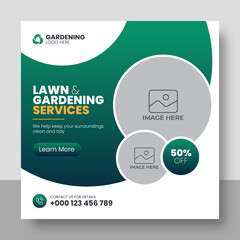 Lawn or gardening service social media post and web banner template