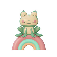 Green frog on a rainbow, cartoon character. 3D illustration.