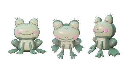 Set of green frogs in different angles, cartoon character. 3D illustration.