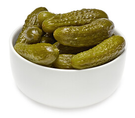 marinated pickled cucumbers in plate on white background. top view with copy space. Clipping path and full depth of field