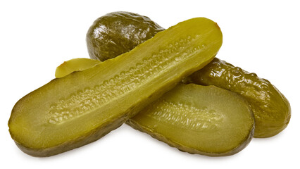 marinated pickled cucumbers with slices isolated on white background. Clipping path and full depth of field
