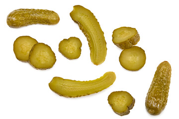 marinated pickled cucumbers with slices isolated on white background. Clipping path and full depth of field. Top view