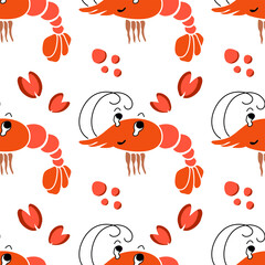 Shrimps and mussels cartoon. Seamless pattern. Vector illustration.