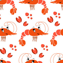 Shrimps and mussels cartoon. Seamless pattern. Vector illustration.