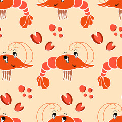 Shrimps and mussels cartoon. Seamless pattern. Vector illustration.