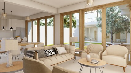 Living room, dining room, and kitchen overlooking the pool
