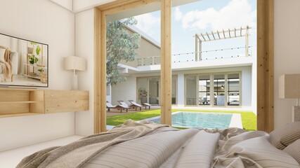 Bedroom with pool view, minimalist building