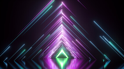 3d render. Abstract futuristic background with colorful neon light. Purple laser rays and blue glowing lines. Fantastic wallpaper. Empty stage with reflection, showcase for presentation