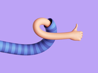 3d render, flexible human arm, elastic cartoon character hand shows thumb up. Social like gesture. Funny clip art isolated on light violet background