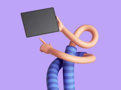 3d render, funny cartoon flexible tangled hands hold digital graphic pad with blank screen. Funny clip art isolated on violet background. Swipe concept touchscreen technology