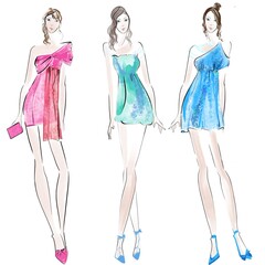 Fashion Illustration Woman in evening dress pink green blue