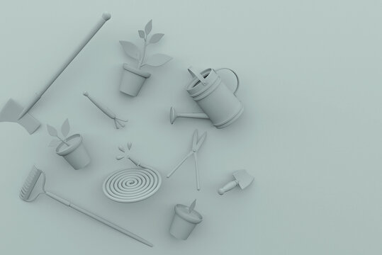 garden tools sculpture.3 d render.Garden and garden