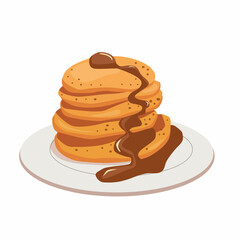 A plate with a bunch of pancakes drizzled with chocolate. Bright color vector illustration in cartoon style.