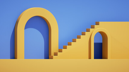 3d render, abstract simple blue yellow background with geometric architectural elements. Minimal showcase scene with stairs and round arch for product presentation - obrazy, fototapety, plakaty