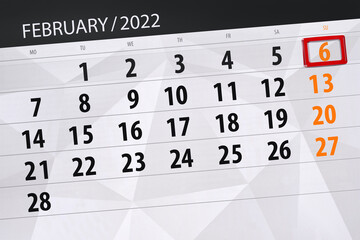 Obraz premium Calendar planner for the month february 2022, deadline day, 6, sunday