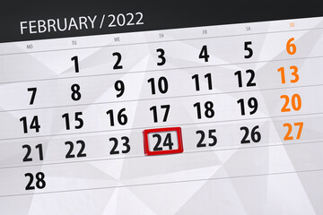 Calendar planner for the month february 2022, deadline day, 24, thursday