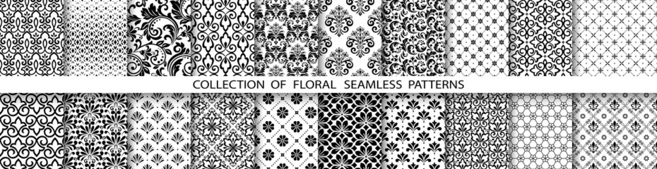 Geometric floral set of seamless patterns. Black and white vector backgrounds. Simple illustrations - obrazy, fototapety, plakaty