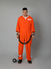 Prisoner in jumpsuit with chained hands and metal ball on grey background