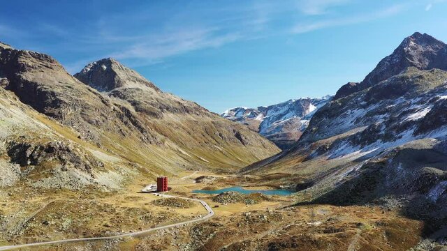 Julier Pass, Switzerland. Natural scenery in the highlands. Mountains. Aerial landscape from drone.