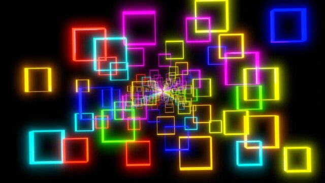 camera flies through square multi-colored figures increasing and decreasing on a black background. 3d render. looped animation