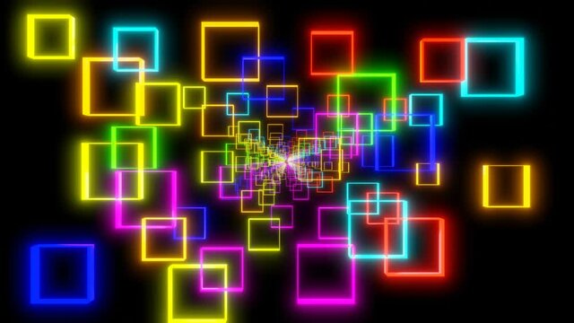 camera flies through square multi-colored figures increasing and decreasing on a black background. 3d render. looped animation