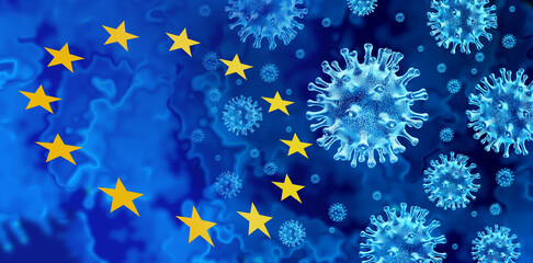 Fototapeta Virus outbreak in Europe and European Union covid-19 or influenza background as dangerous flu strain cases in the EU as a pandemic medical risk concept with disease cells obraz