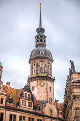 Obraz premium Hausmannsturm tower and Dresden Cathedral Catholic Court Church in the old town or Altstadt of Dresden