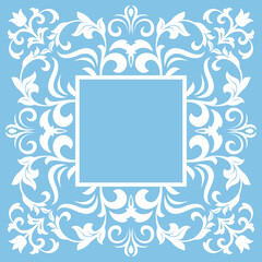 Decorative frame Elegant vector element for design in Eastern style, place for text. Floral blue and white border. Lace illustration for invitations and greeting cards