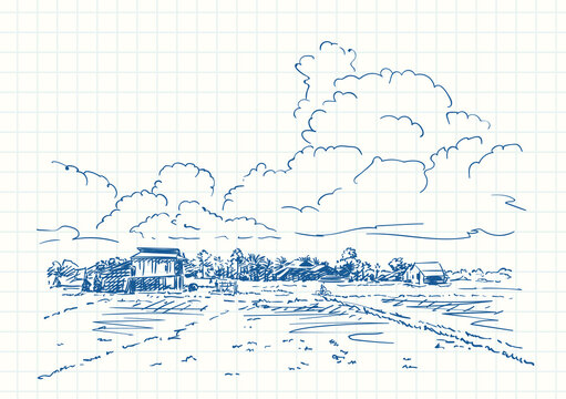 Travel sketchbook, Farm filds and village landscape under cumulus clouds, Blue pen sketch on square grid notebook page, Hand drawn vector illustration