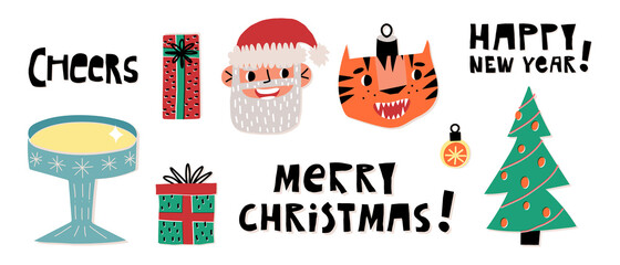 Holidays retro set. Christmas tree, gifts, Santa Claus, the tiger. Happy New Year, Merry Christmas lettering greetings.