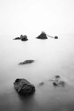 Meoto Iwa rocks in black and white, Mie Prefecture, Japan