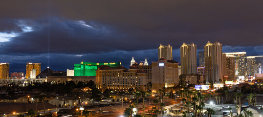 Panorama of the Las Vegas skyline at dusk under dramatic clouds