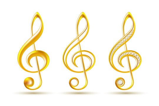 Realistic golden metallic note symbols. Set of treble clef