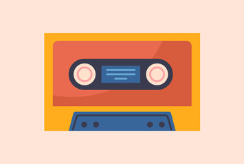 Retro entertainment concept. Poster with old orange cassette for playing music in tape recorder or player. Vintage entertainment device. Design element for printing. Cartoon flat vector illustration